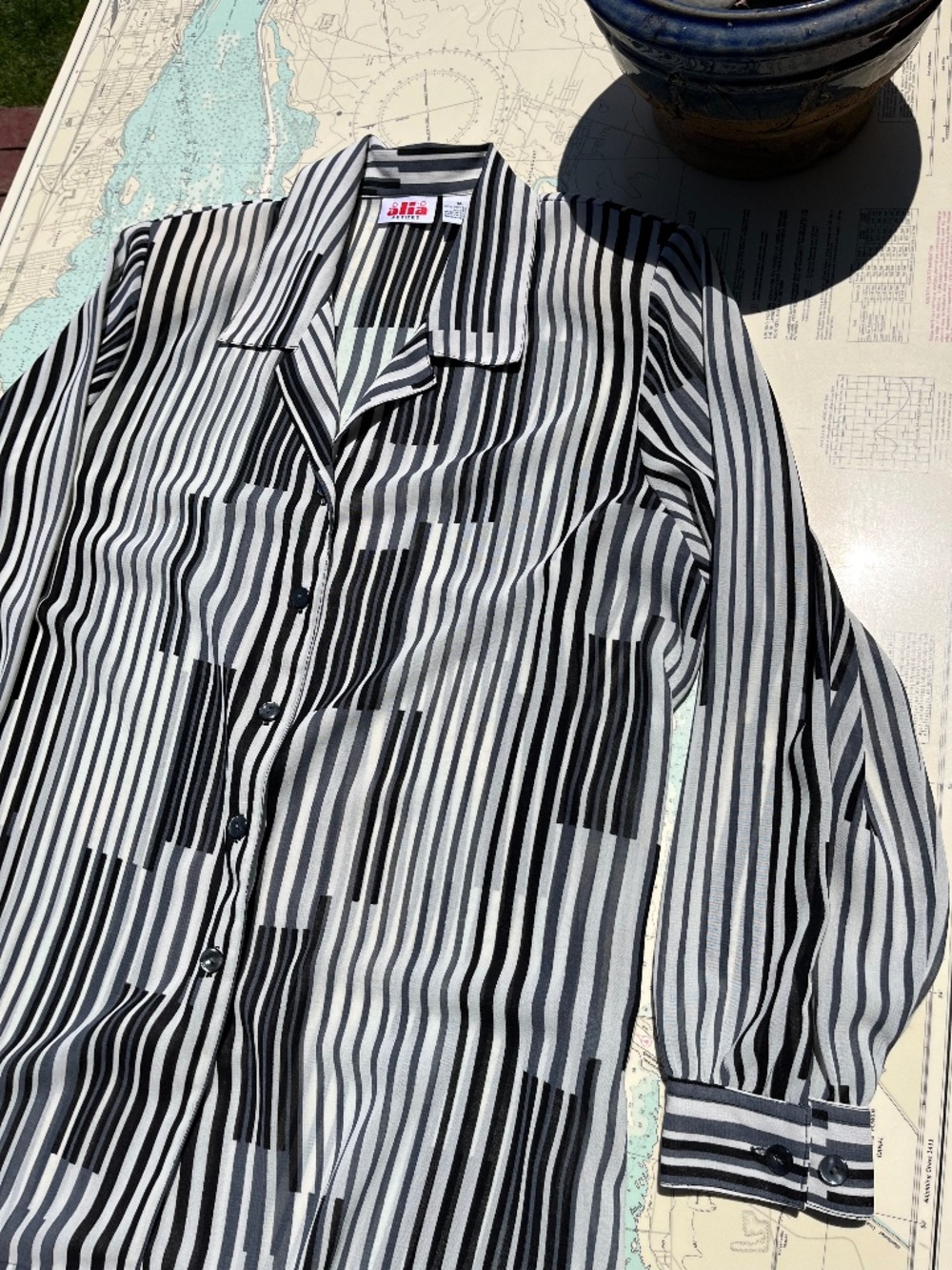 Vintage Black and Grey Geometrical Alia Sheer Blouse